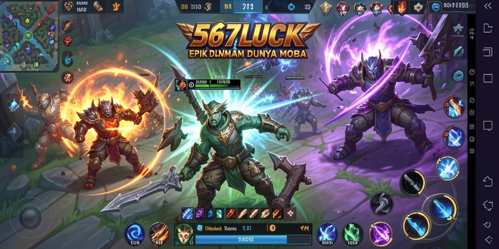 Screenshot gameplay 567LUCK menunjukkan aksi pertempuran MOBA yang intens.
