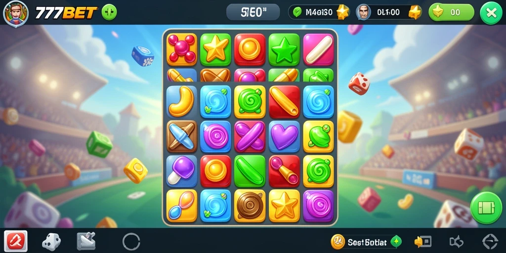 Tangkapan layar gameplay <strong>777BET</strong> menampilkan aksi seru dalam mencocokkan objek warna-warni.