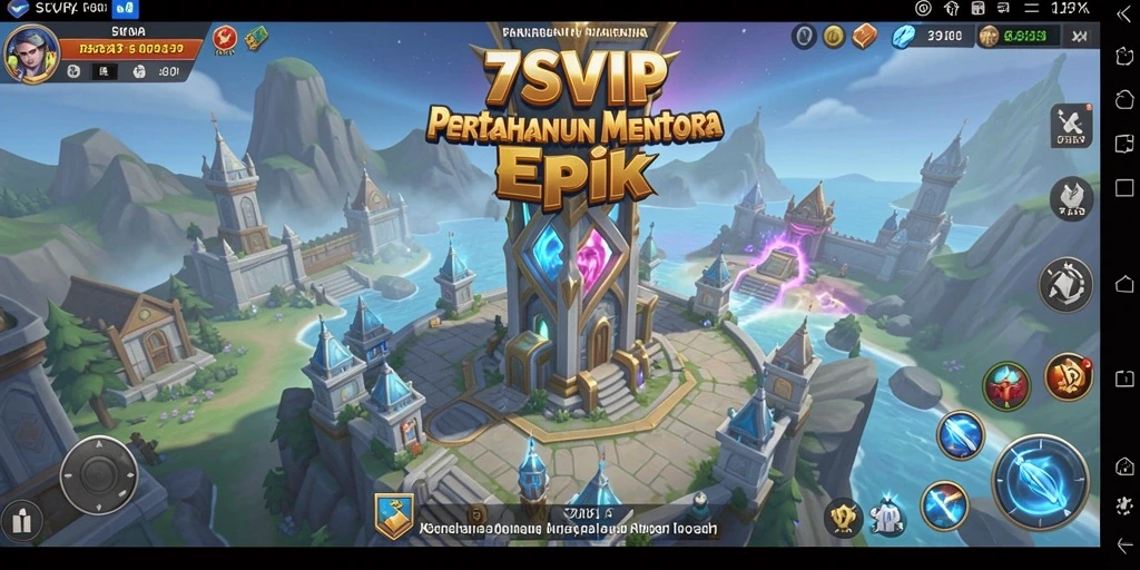 Tampilan gameplay menakjubkan dari 7SVIP dengan menara dan musuh.