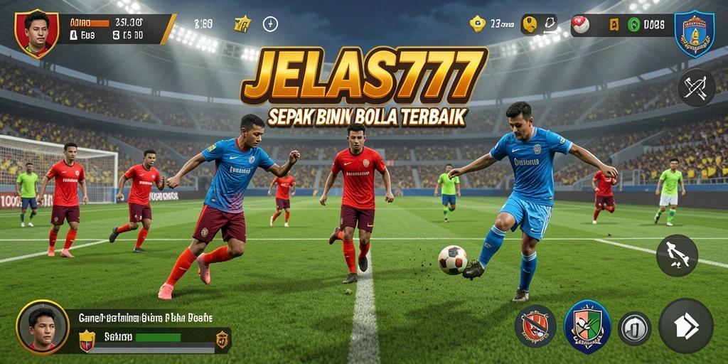 Screenshot JELAS777 menampilkan aksi seru di lapangan sepak bola.