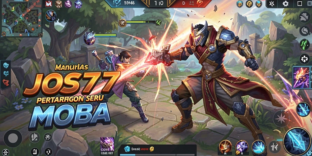 Screenshot gameplay JOS77 dengan pertarungan hero MOBA yang seru.