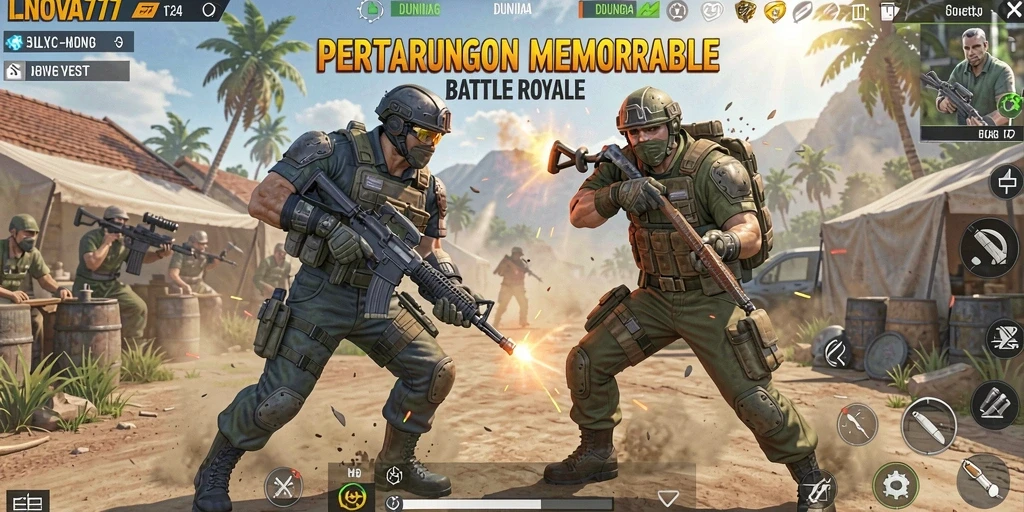 Screenshot LNOVA777 menunjukkan aksi mendebarkan di arena Battle Royale.