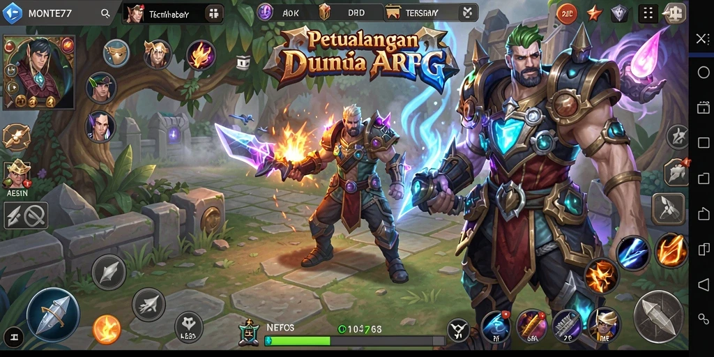 Screenshot gameplay <strong>MONTE77</strong> menunjukkan pertempuran intens dan eksplorasi mendalam.