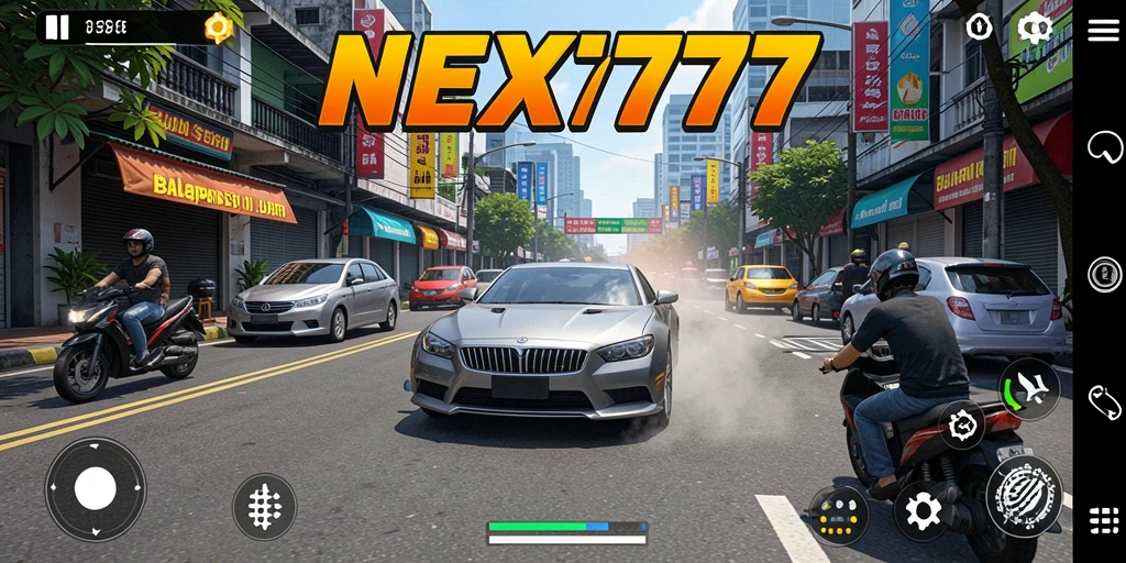Screenshot NEX777 menampilkan mobil balap melaju kencang di trek berliku.