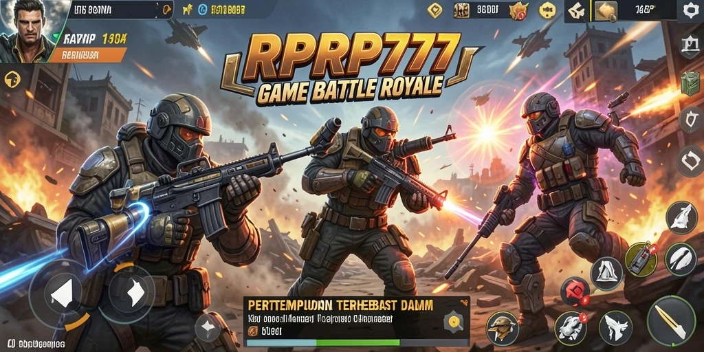Screenshot utama RPRP777 menampilkan aksi pertempuran Battle Royale yang menegangkan.